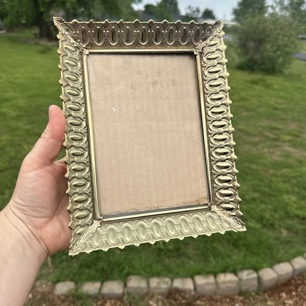 Vintage Brass /Gold Tin Metal Ornate Photo Frame, Wall Hanging W/ Glass 9" Tall
